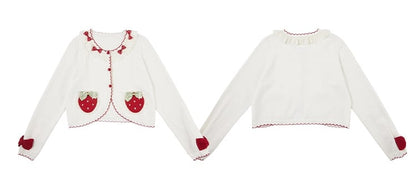 White Long Sleeves Strawberry Applique Cardiagn
