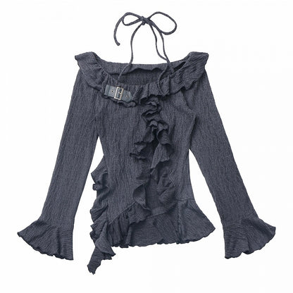 Beige/Dark Gray Halter Neck Bell Sleeves Asymmetrical Ruffled Hem Knitted Top