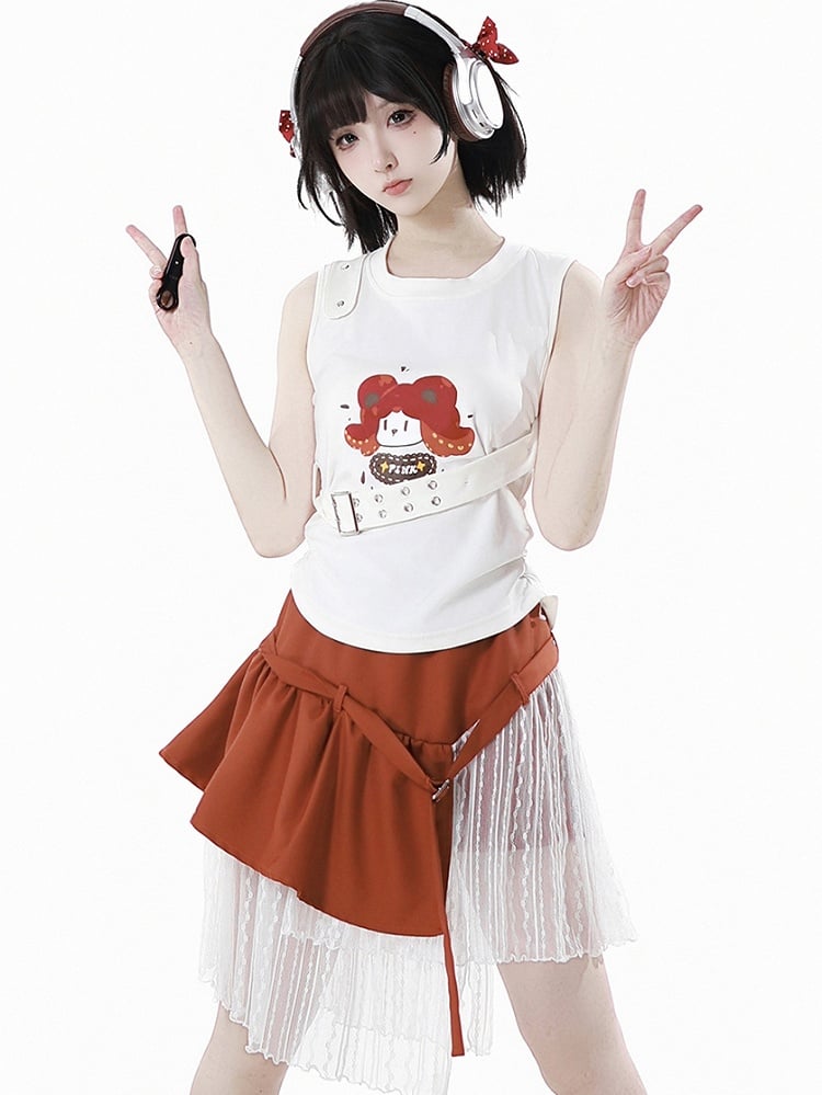 White Cartoon Print Cotton Tank Top with Detachable Buckle Strap
