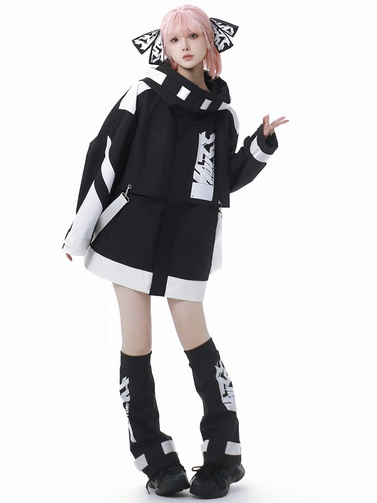 Schwarz-weiße Windjacke mit Kapuze im Jirai Kei Techwear-Trägerdesign