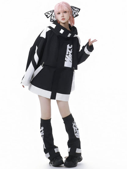Schwarz-weiße Windjacke mit Kapuze im Jirai Kei Techwear-Trägerdesign