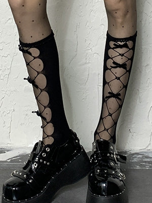 Bowknot Under-knee Stockings Black Design Cut-out