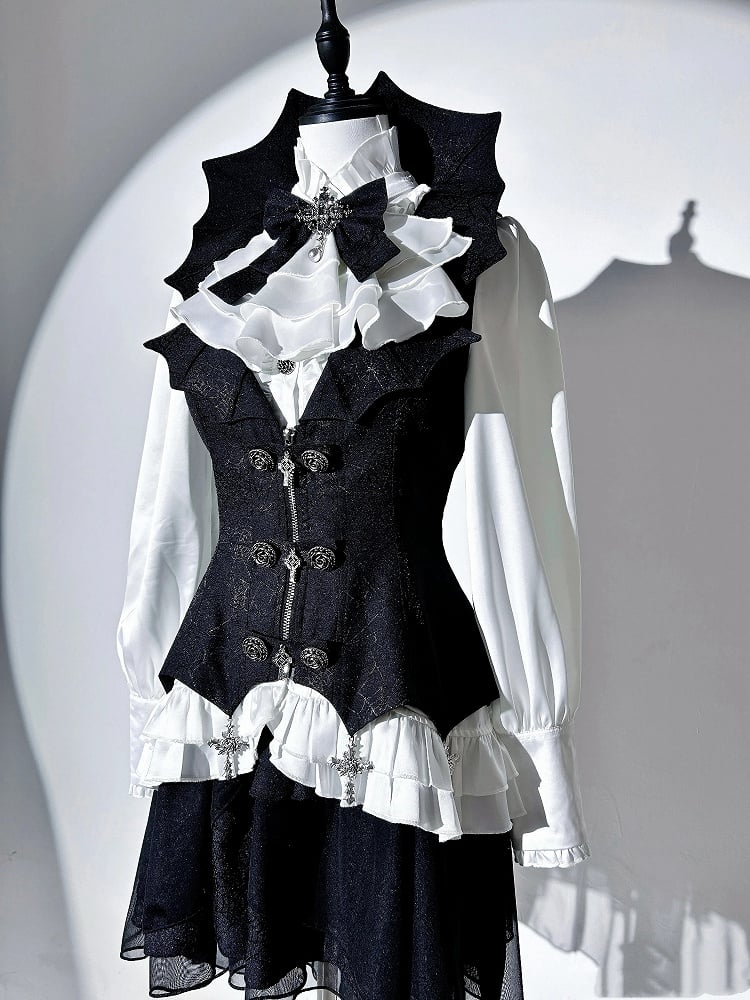 White and Black Gothic Lolita Outfit Shirt + Cross Charms Curved Hem Waistcoat + Spider Web Fabric Skirt Full Set