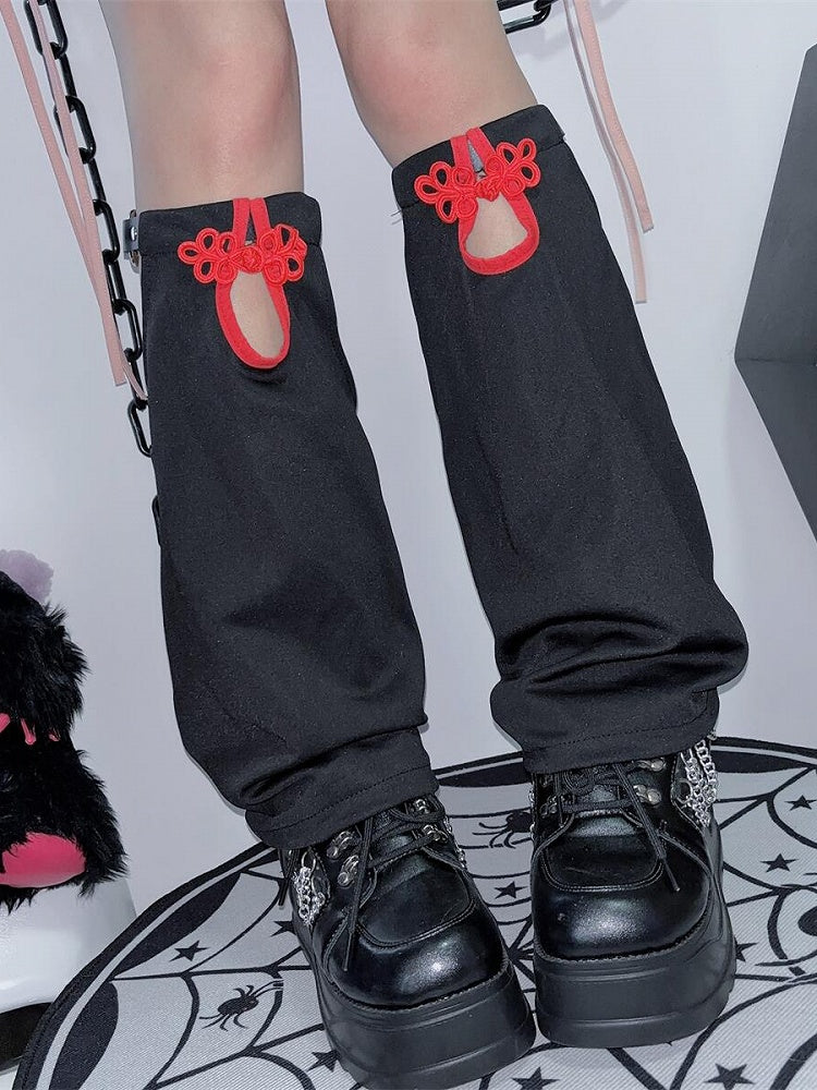 Y2K Warmers Leg BlackRed Knot Button Cheongsam Style
