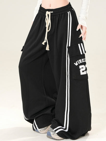Decorated Number Black Wide-leg Pants Pockets Letter Cargo Cut Print And Bittersweet