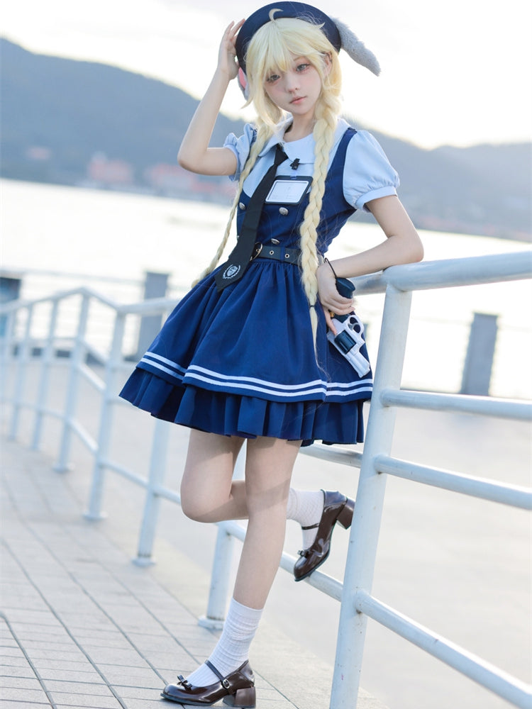 Robe bleu marine à col Claudine et manches courtes, faux deux-pièces