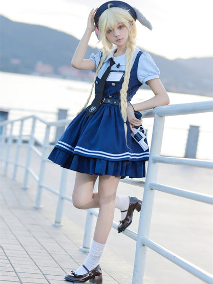 Robe bleu marine à col Claudine et manches courtes, faux deux-pièces