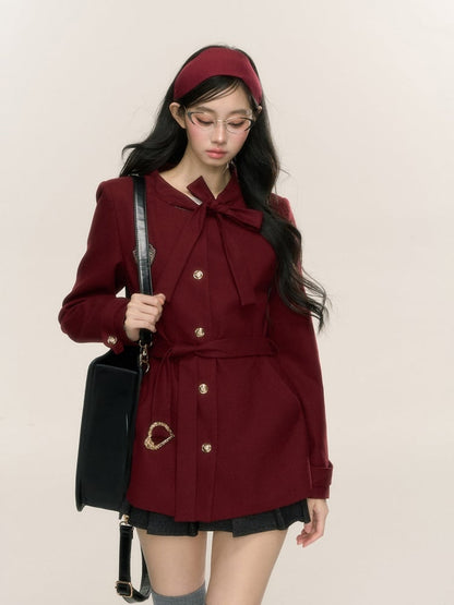 Red Self-tie Strap Blazer with Waist Belt