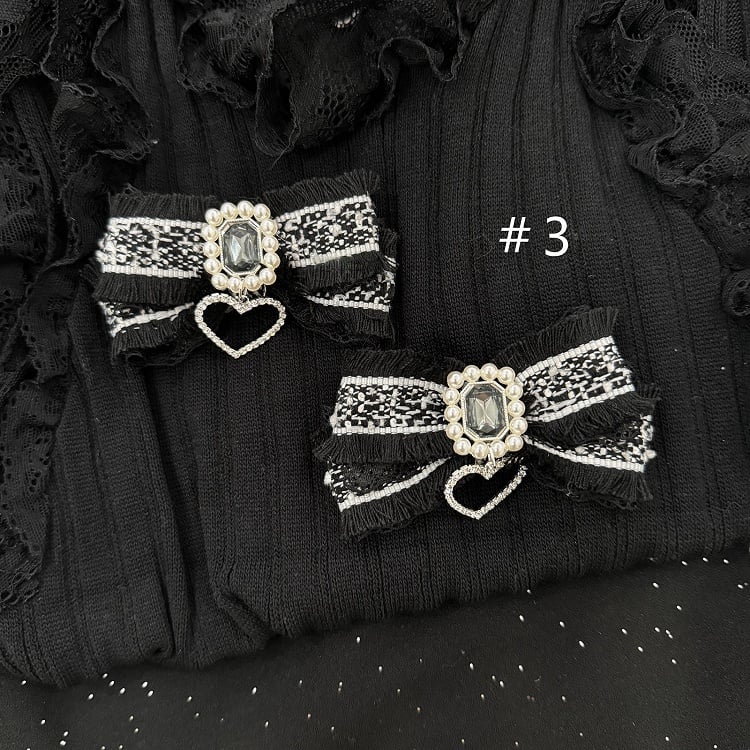 Black Jirai Kei Rhinestone with Heart Charm Bowknot Hairclips