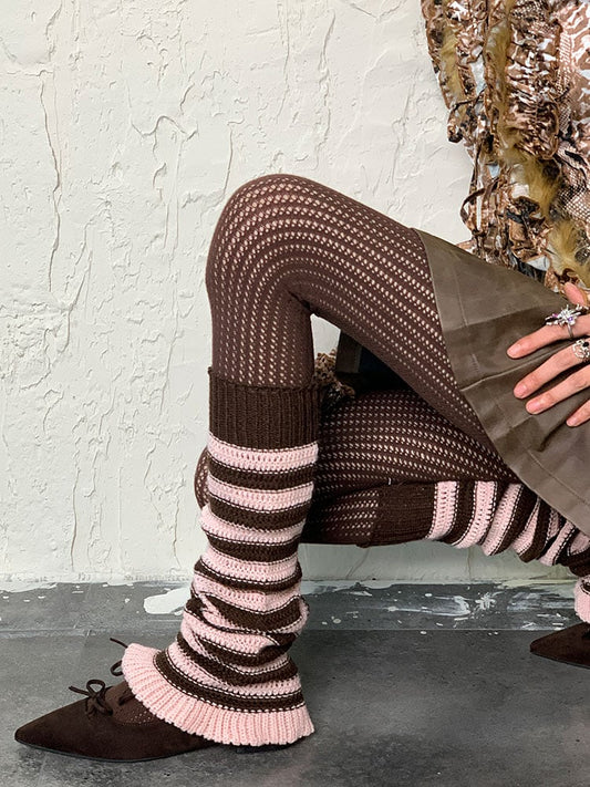 Pink&Coffee Y2K Striped Knitted Leg Warmers