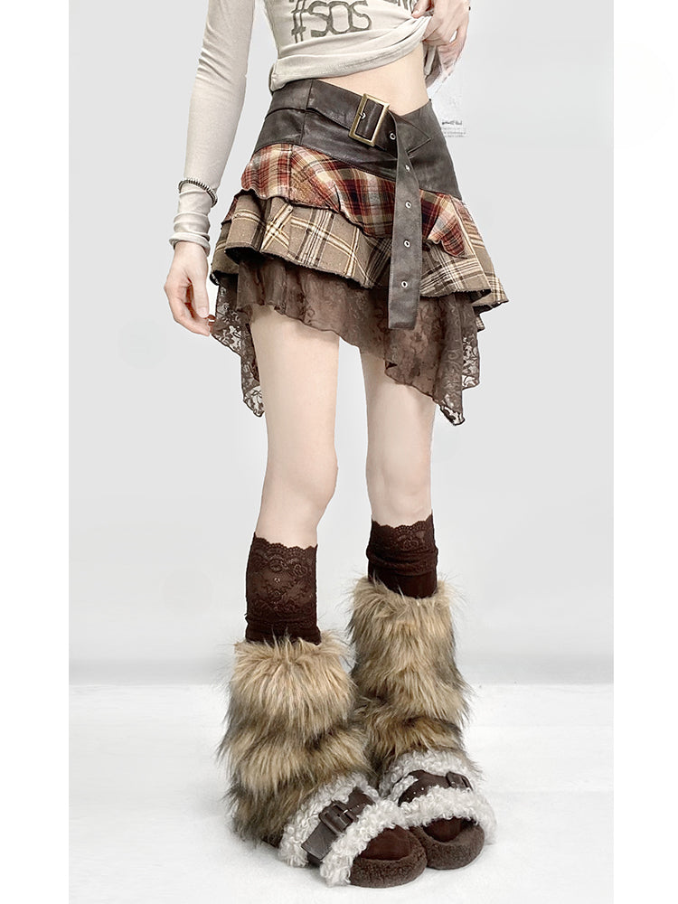 Coffee Plaid Patchwork Handkerchief Hem Tiered Skirt with Buckle Strap