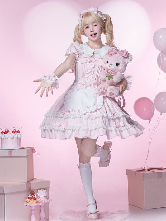 Lolita Dress Piece Accents School Pink Peter Pan Collar Bowknot Light Old One