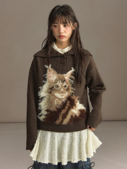 Beige/Brown Cozy Loose-Fit Pullover Sweater with Cat Design and Convertible Collar