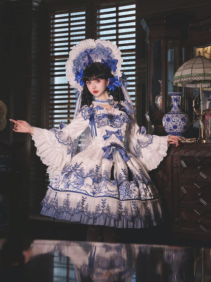 und Stoff Schmetterling Weiß Chinoiserie Blau Porzellan Stickerei