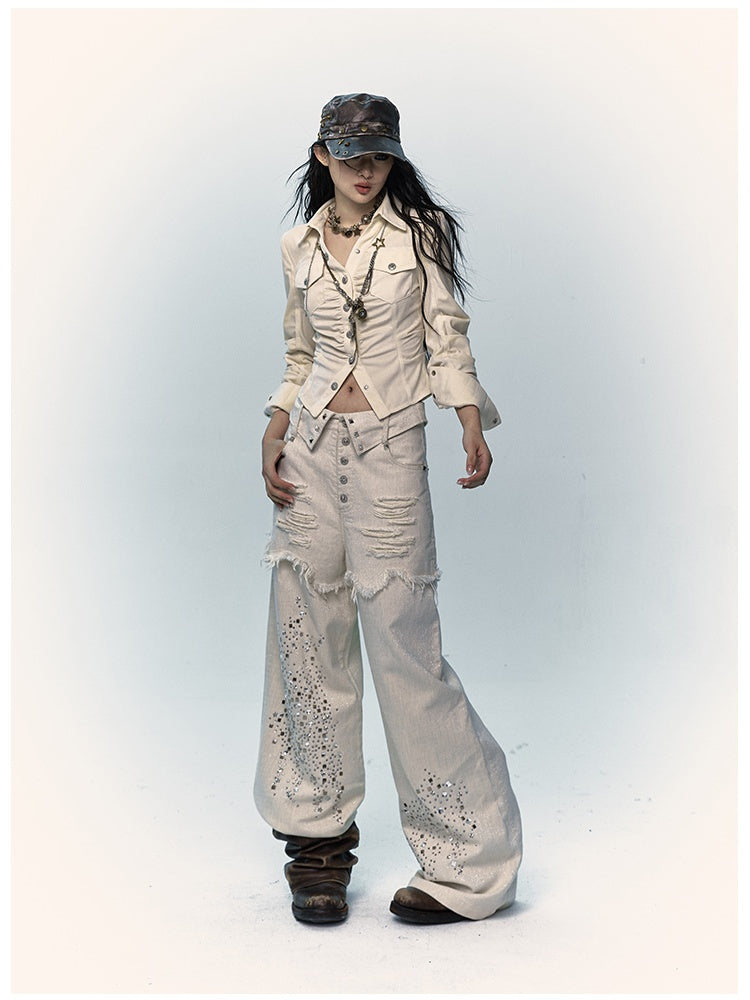 Apricot Wide-Leg Distressed Jeans with Rhinestone