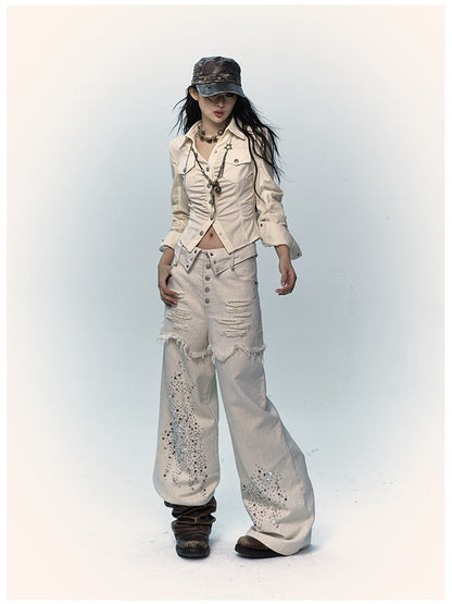 Apricot Wide-Leg Distressed Jeans with Rhinestone