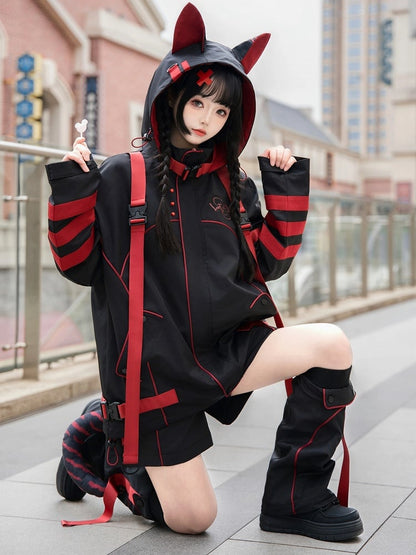 Black and Red Jirai Kei Techwear Buckle Straps Cat Ears Hooded Windbreaker Jacket