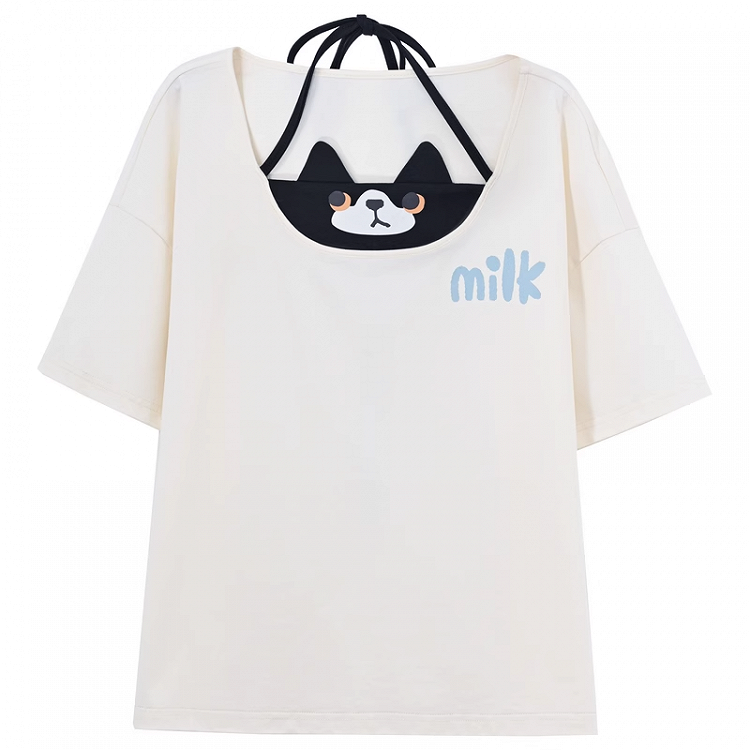 Cat T-Shirt Faux White Halter Neck Two-pieces