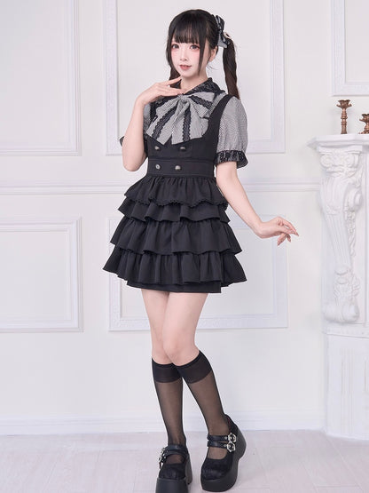 Short Sleeves Blouse with Bowknot Brooch Jirai Kei Plaid Black Lace Trim