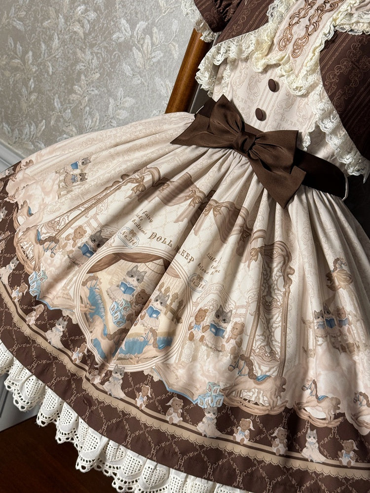 Braunes Lolita-Kleid mit Rüschen und Rundhalsausschnitt, Kitty- und Teddy-Print, Sweet Lolita OP