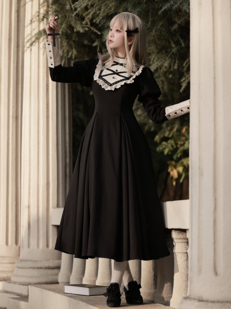 Robe noire élégante à manches Juliette, style lolita, manches longues, une pièce