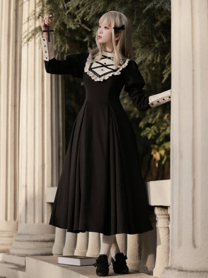 Robe noire élégante à manches Juliette, style lolita, manches longues, une pièce