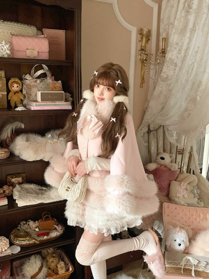 Bow Fur-Trimmed Pink Fleece With Accents Faux Cloak