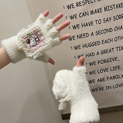 Black/White Cute Kitty Print Heart Beads Lace Details Plush Gloves