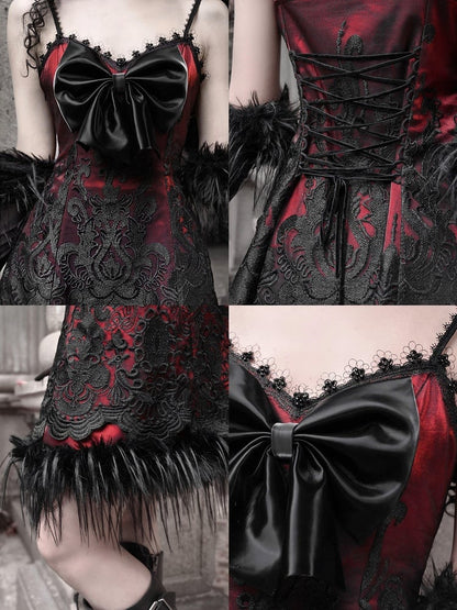 Red New Dress PU Big Bow Bodice Goth Vampire Spaghetti Straps Dress