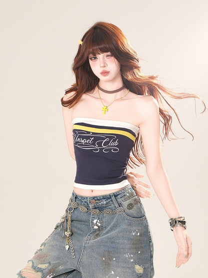 Navy Blue/Black Letter Print Cropped Strapless Top