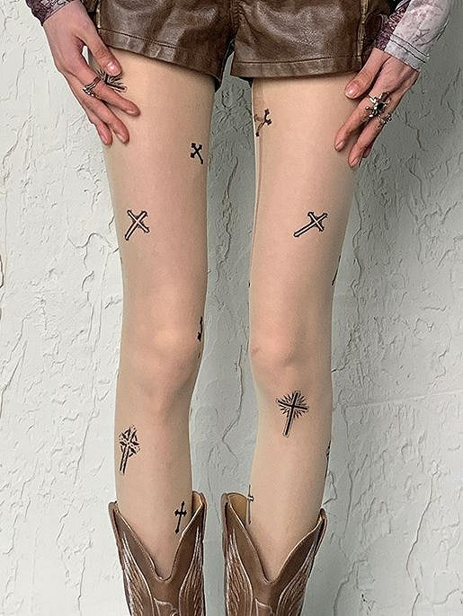 Tights Print Fashion Gyaru Cross Y2K Punk Nude Wasteland