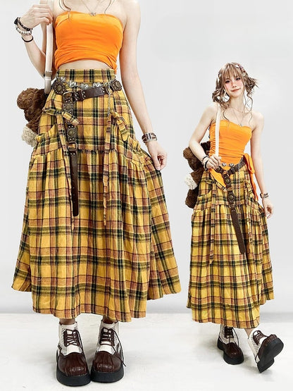 Y2K Details Plaid Bowknot Rock Muster Gelb
