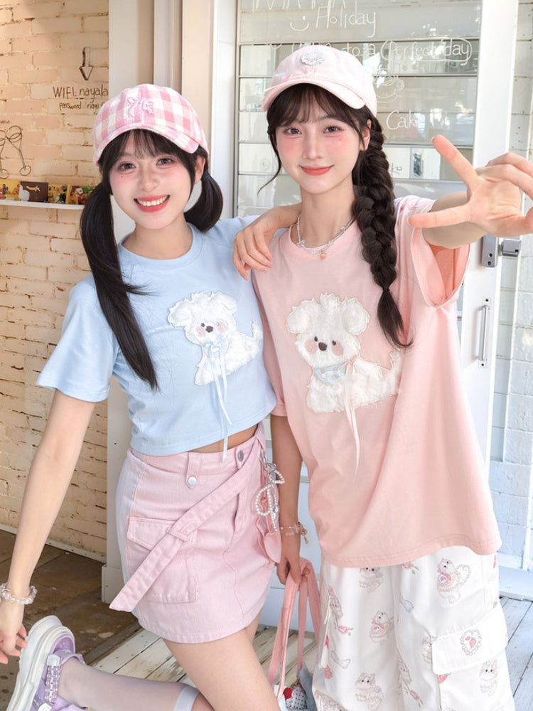 Kawaii Blue/Pink Plush Puppy Applique T-Shirt Yume