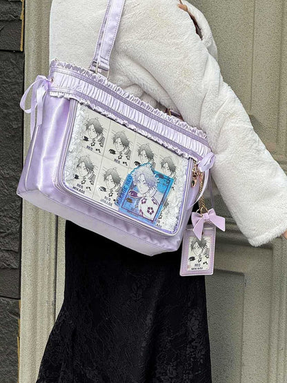 Ita Bag Ruffled Ribbon Bow Large Capacity Tote Purple Trim