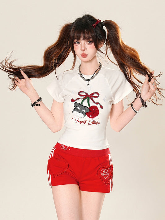 Plush T-shirt Puppy And Cherry White/Black Glamorous Applique