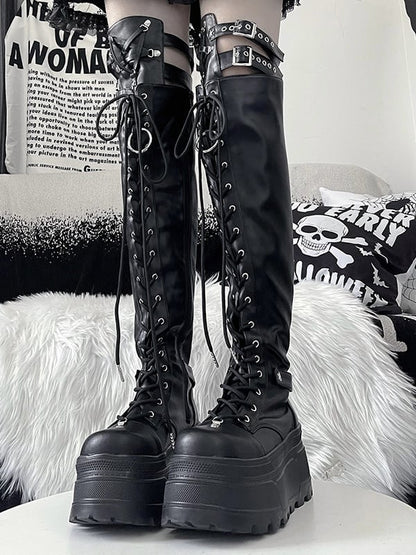 Y2K Matte Black Punk Star Strap Details Thigh-high Platform Boots