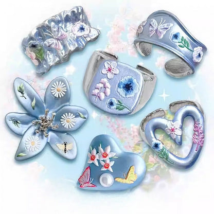 8 Bittersüßer Schmetterling und Ring Blaues Blumendesign Y2K Optionen