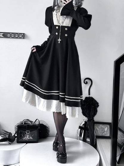 Black Ruffled Trim Long Sleeves Nun Dress