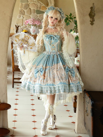 Print Full Lolita Set Classic Elegant Unicorn Blue Dress JSK