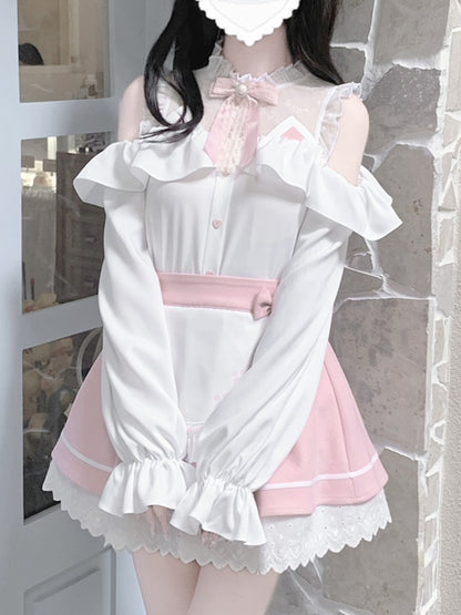 Pink & White Jirai Kei Full Set-Illusion Neckline Cutout Shoulder Top+Apron Design  Skirt+Bow Tie