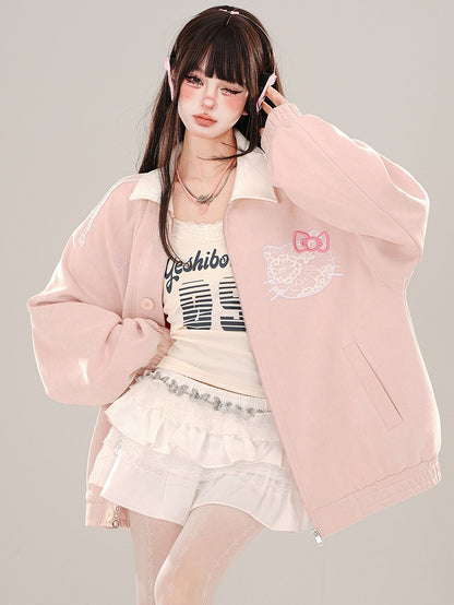 Pink Kitty Embroidery Baseball Jacket