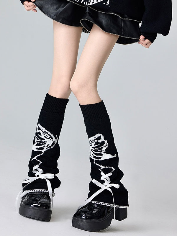 Black&Pink/Black&White/Pink&White Butterfly Pattern Lace-up Detail Leg Warmers