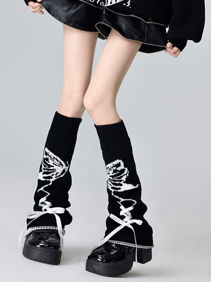 Black&Pink/Black&White/Pink&White Butterfly Pattern Lace-up Detail Leg Warmers