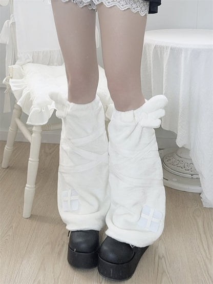 Kei Applique Angel Jirai Kawaii White Yami Flannel Leg Warmers Wings Design Cross