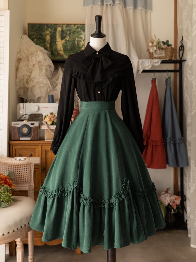 Dark Green Flounce Hem Lolita Midi Length Skirt