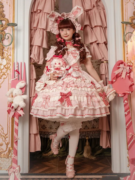 Ruffle Accents Bow Sweet Theme Bunny Piece One Dress Princess Pink Lolita
