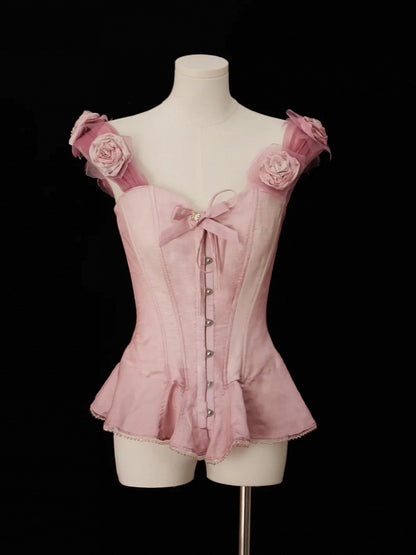 Boned Corset Top with Detachable Floral Adornments Hem Flounce Pink