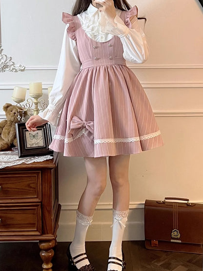Pink Sweet Bowknot Lace Scoop Neckline Above Knee Striped Dress
