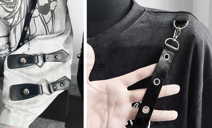 Anime Tie Strap Detachable Dye Decor Black/White T-Shirt with Print Girl Leather