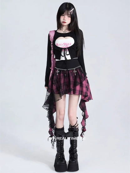 Rock Plaid Rot/Schwarz Schwarz Rosa Spitze Panel Unregelmäßigen Saum und